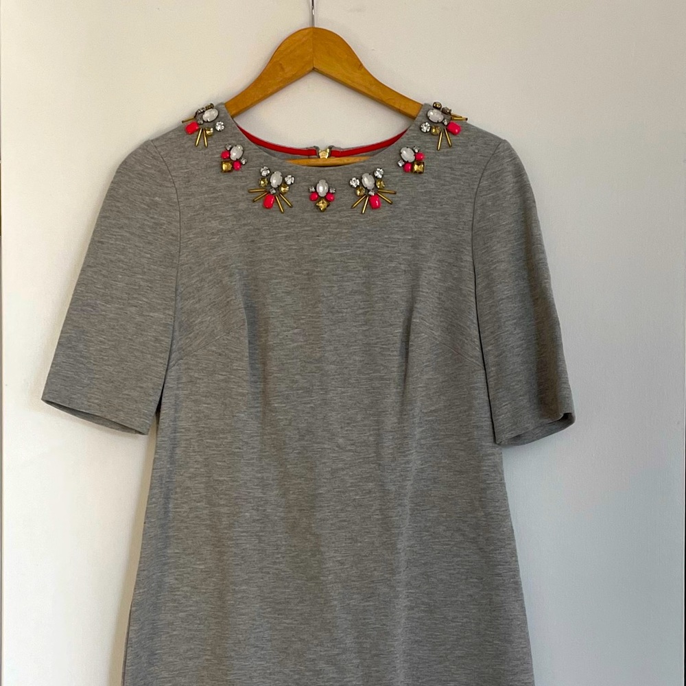Eliza J Stretch Gray Jersey Mini Dress with Jeweled Neckline